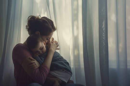 Mother embracing child near window, conveying postpartum emotion. Design for mental health awareness, family support services.