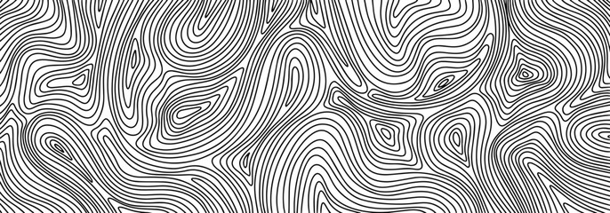 Black and white hand drawn wood annual rings texture. Wood grain texture. White vector background with wooden fibers. Wavy contour of wood trunk rings. Swirl pattern. Deformed curved lines.