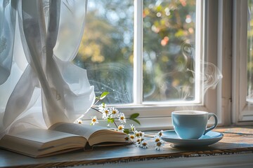 Cozy Morning: Steaming Coffee Cup by Window with Book and Houseplant