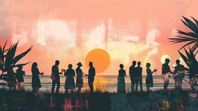 Silhouettes of people at a tropical beach party during sunset ideal for travel advertisements