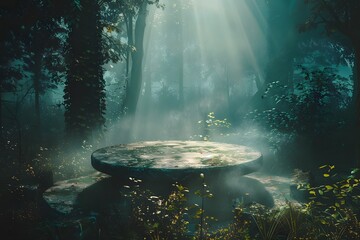 Mystical Forest Scene with Sunlight and Ancient Stone Table