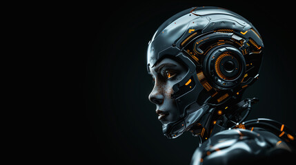 human face robot on black background