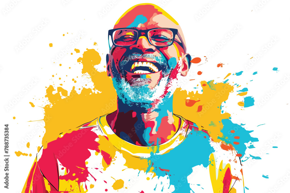 Sticker senior man laughing with holi colors isolated vector style