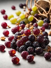 Variety of fresh, juicy berries scattered across light surface, creating visually appealing mix of colors, textures. Ripe blackberries, raspberries dominate scene with their deep red, purple hues.