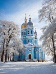 Majestic blue, gold church stands resplendent against backdrop of serene, snow-covered landscape, its golden domes gleaming under soft light of sun.