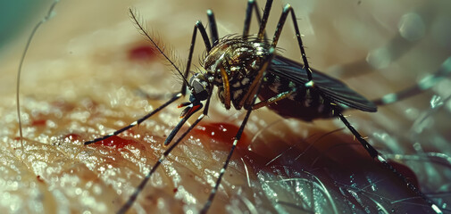 A mosquito is biting a person's arm. The person is bleeding and the mosquito is sucking blood