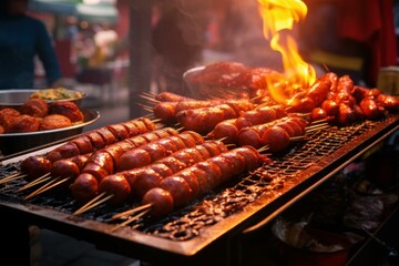 Aromatic Street food sausage. Asia top market. Generate Ai