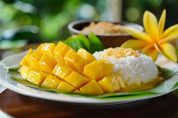 Mango Sticky Rice, Traditional Thai Dessert on White Plate
