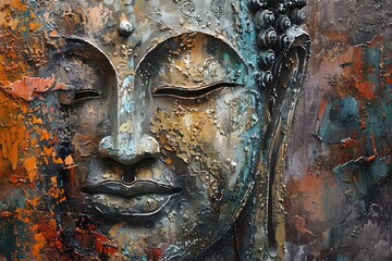 Close-Up Detail of Buddha Oil Painting in Serene Composition