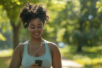 Plus sized African American Young Woman Enjoying Music on Smartphone in Park