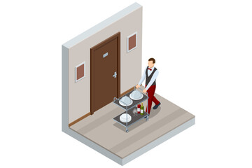 Isometric Waitress in uniform delivering tray with food in a room of hotel. Enjoy the Holiday and Vacation. Room service.