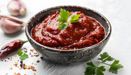 Bowl of tasty chipotle sauce on white background