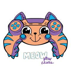 Cartoon cat gamepad illustration. Cute kitten joystick print. Game pad print. Smiling cat gamepad print with text New level, MEOW