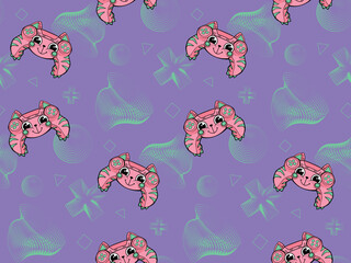Monster gamepad seamless pattern. Cartoon joystick repeat print. Game pad print. Cat gamepad print on digital wireframe background