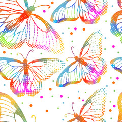 A seamless background with colored butterflies. hand drawing. Not AI, Vintage background. Vector illustration. - obrazy, fototapety, plakaty