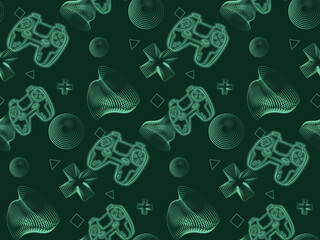 Gamepad pattern on digital lines background, cross sign, rounds, line waves. Gadgets and devices seamless pattern