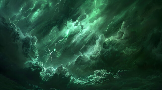 Dunkle Gewitterwolken, gr&uuml;ne Blitze im Himmel, Nacht Gewitter, gr&uuml;ne Wolken, gelbe Wolken, Dunkler Nachthimmel mit Blitz und Donner, gelbe Blitze und Plasma in der Luft, Aufgeladene Wolken, Sterne