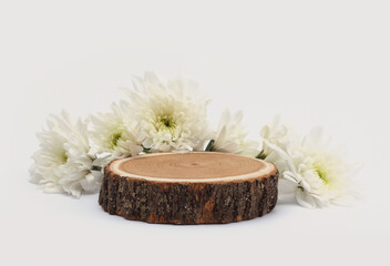 Wood circle stump, flower platform podium on light beige background. Minimal empty display product presentation scene. - 788737318