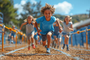 Eager kids leaping over hurdles on a school track, displaying agility and determination in junior track and field competitions. Concept of hurdling athleticism. Generative Ai. - Powered by Adobe