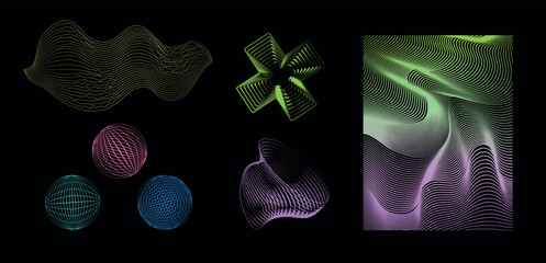 Geometry wireframe shapes, wave lines, circles, cross sign. Neon linear 3D abstract elements on black backgrounds. Cyberpunk elements in psychedelic futuristic style. Trendy colors