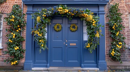   A blue front door adorned with orange clusters hanging from its sides and two wreaths gracing its facade