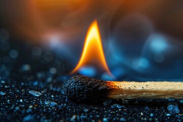 a burning match lies on a dark surface