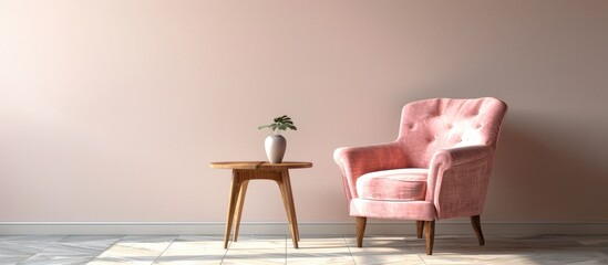 A pink armchair and a wooden table are placed against an empty wall in a basic living room setting.