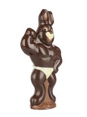 handmade chocolate rabbit sportsman on a white background