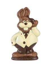 chocolate hare in a suit with bell in his paw a handmade on a white background