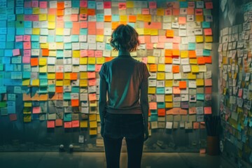 A scene portrays a young woman standing beside a wall adorned with numerous colorful paper elements, conveying the concept of choice and decision-making