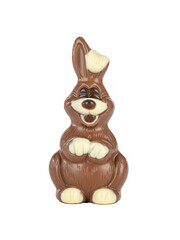 Cheerful chocolate bunny handmade on white background