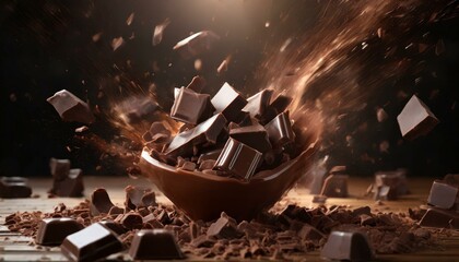 Dynamic explosion of chocolate pieces with dramatic lighting - obrazy, fototapety, plakaty
