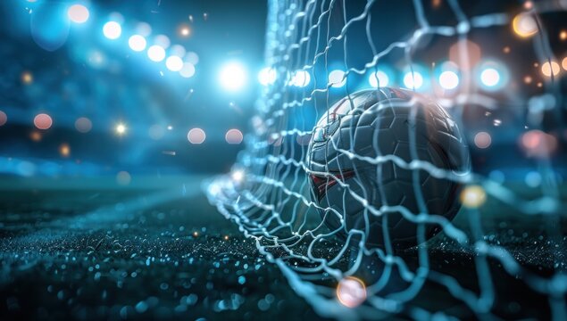 soccer ball in the goal net, a goal scored in the championship, suitable for advertising the sale of tickets or bets at a bookmaker