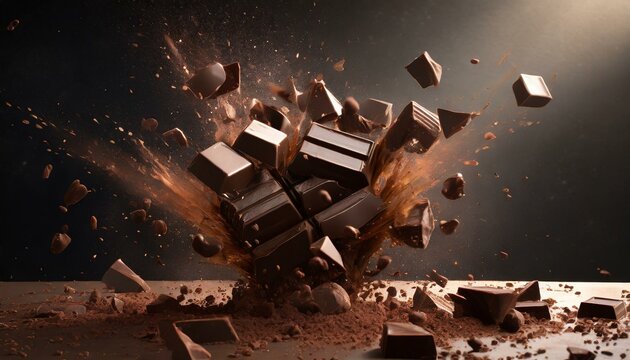 Dynamic explosion of chocolate pieces with dramatic lighting
