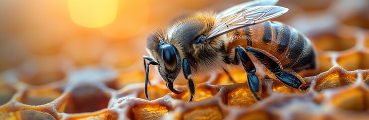 bee on honeycomb, rich golden hues, nature's miracle, perfect for web banner, sunlight bathed, macro beauty