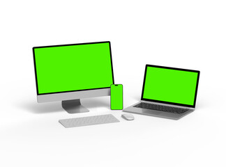 Render of desktop, laptop and smartphone with greenscreen on a light background