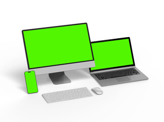 Render of desktop, laptop and smartphone with greenscreen on a light background