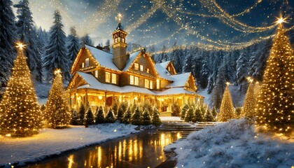 Illuminated christmas trees close to a luxury mansion into a forest with golden garlands fal