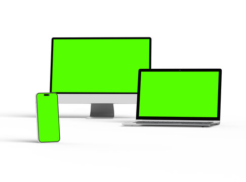 Render of desktop, laptop and smartphone with greenscreen on a light background