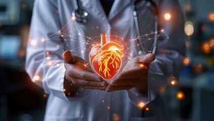 heart in the hands of a doctor, concept of caring for the health of the cardiological  - obrazy, fototapety, plakaty