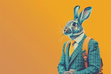 Abstract, creative, minimal portrait of a wild animal dressed up as a man in elegant clothes. A rabbit standing on two legs in retro dress print suit with schoolbag