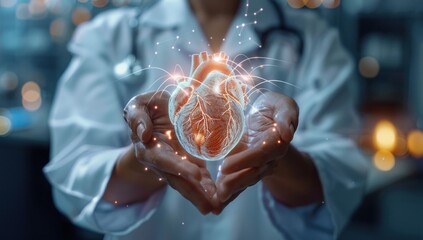 heart in the hands of a doctor, concept of caring for the health of the cardiological system - obrazy, fototapety, plakaty