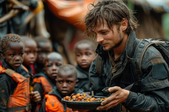 A humanitarian worker distributing food aid to malnourished children in a famine-stricken region, addressing food insecurity and hunger. Concept of humanitarian assistance. Generative Ai.