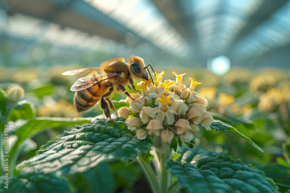 Wall mural A trained bee pollinating flowers in a greenhouse, aiding in the cultivation of crops. Concept of bee contribution to agricultural pollination. Generative Ai.