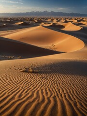 Sun sets over vast desert landscape, casting long shadows across undulating sand dunes. Warm,...
