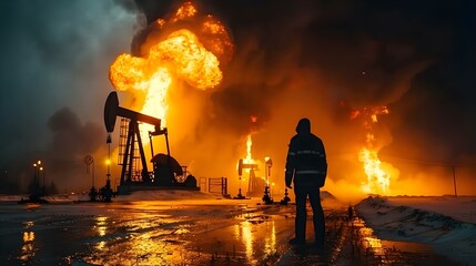 Firestorm at the Oil Fields: A Stark Glimpse into Environmental Despair. Concept Environmental Crisis, Oil Industry, Climate Change, Devastation, Industrial Pollution - obrazy, fototapety, plakaty