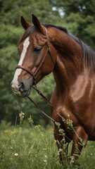 Brown horse with white stripe on its face stands in field of green grass, wildflowers. Horse wearing leather bridle, has long, flowing mane, tail. Horse's coat deep chestnut color, its eyes dark.
