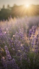 Sun sets over field of lavender in full bloom. Purple flowers stand tall, proud, their delicate petals swaying gently in breeze. Warm glow of setting sun bathes field in soft light, creating peaceful.