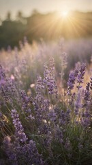 Sun sets over field of lavender in full bloom. Purple flowers stand tall, proud, their delicate petals swaying gently in breeze. Warm glow of setting sun bathes field in soft light, creating peaceful.