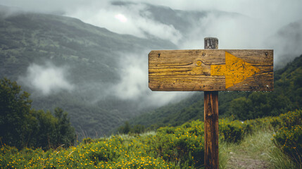 Rustic Wooden Signpost on Misty Mountain Trail in Serene Landscape